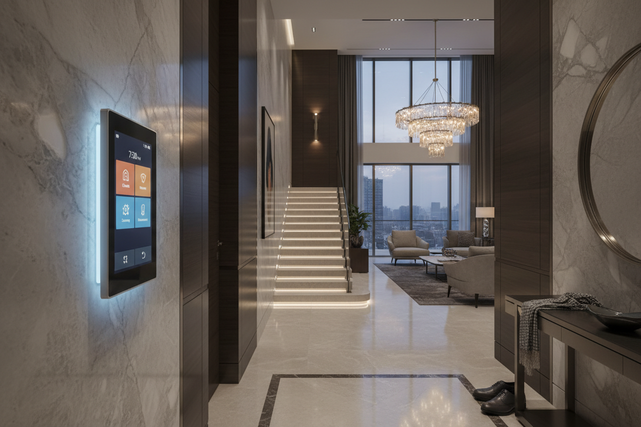 Smart Home Control Panel in luxury hallway
