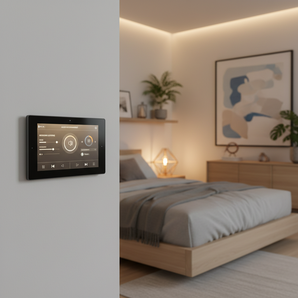 Smart Home Control Panel in modern bedroom